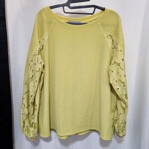Absolutely Famous Yellow Textured Knit Lace Sleeve Top Women's Size L